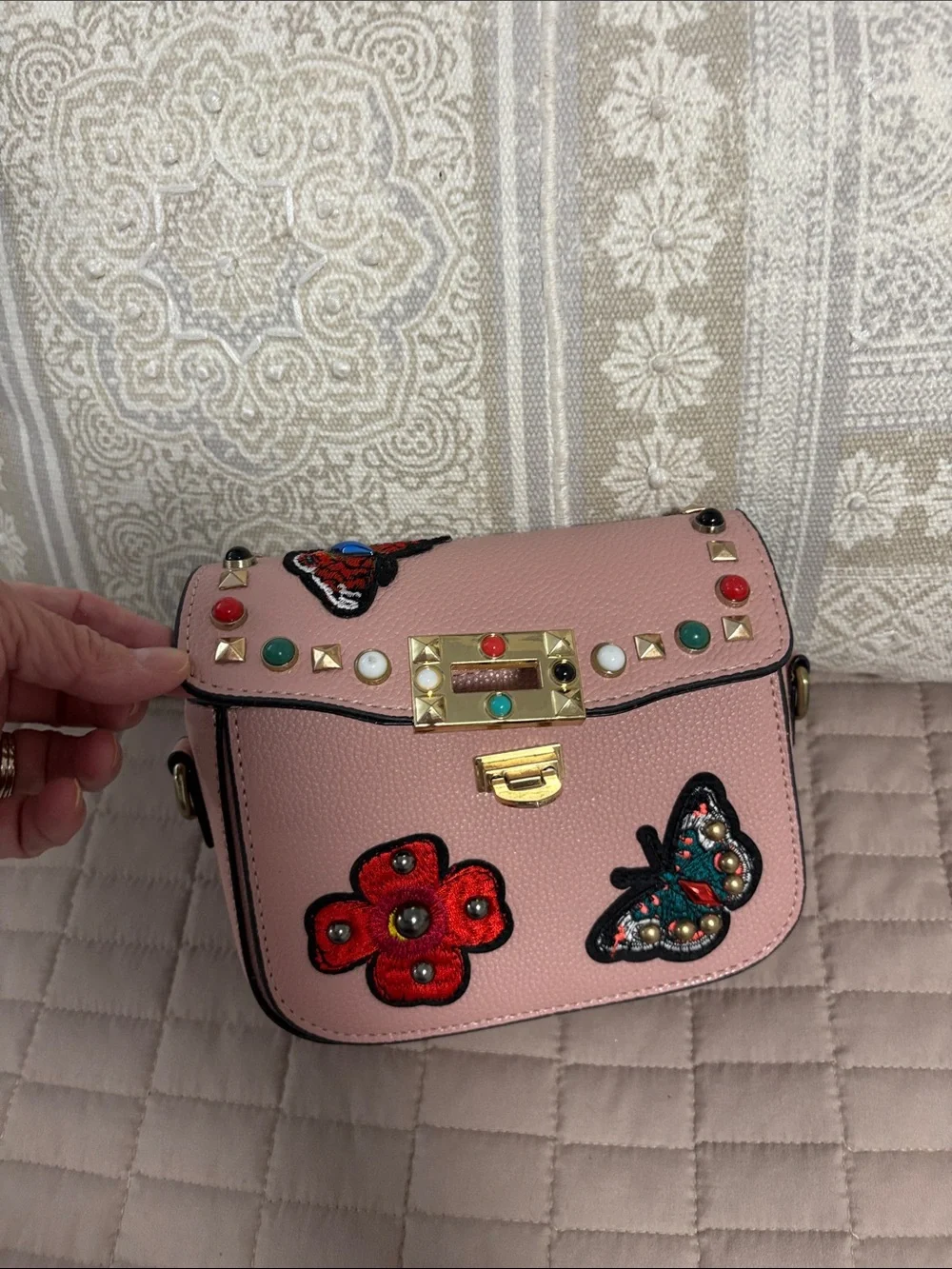 Pink Embellished Crossbody Bag with Floral & Butterfly Appliqué. Candy couture